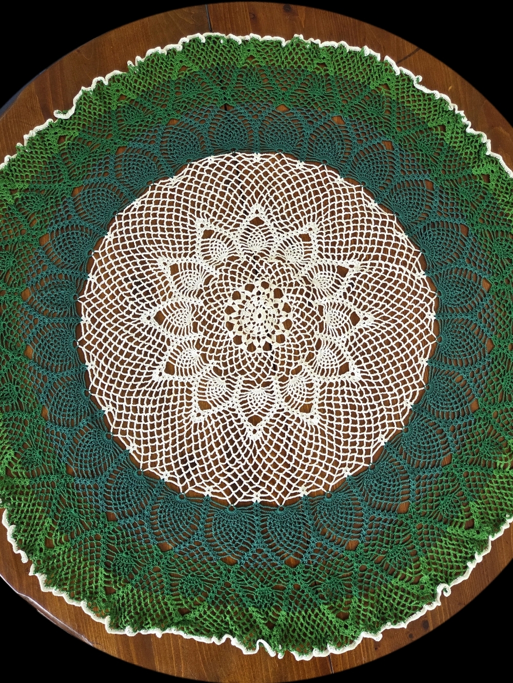 Vtg Crochet Lace 39" Round Table Topper Tablecloth Green Gradient Doily Cotton